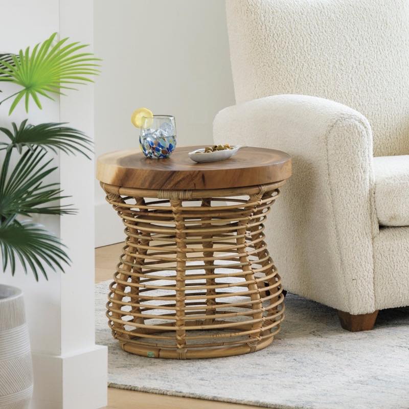 Rattan and Wood Side Table