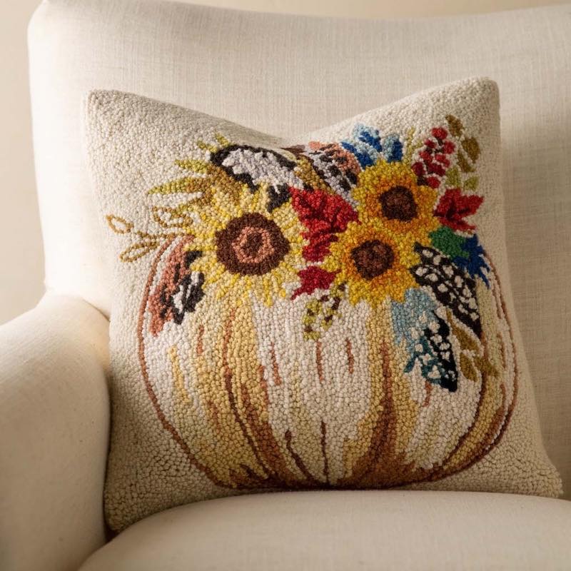 Pumpkin and Feathers Hand-Hooked Wool Decorative Throw Pillow, 16