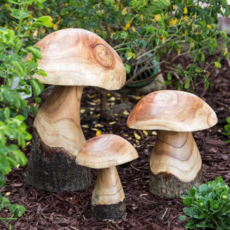 Indoor/ Outdoor Pinewood Mushroom Sculptures, Set of 3