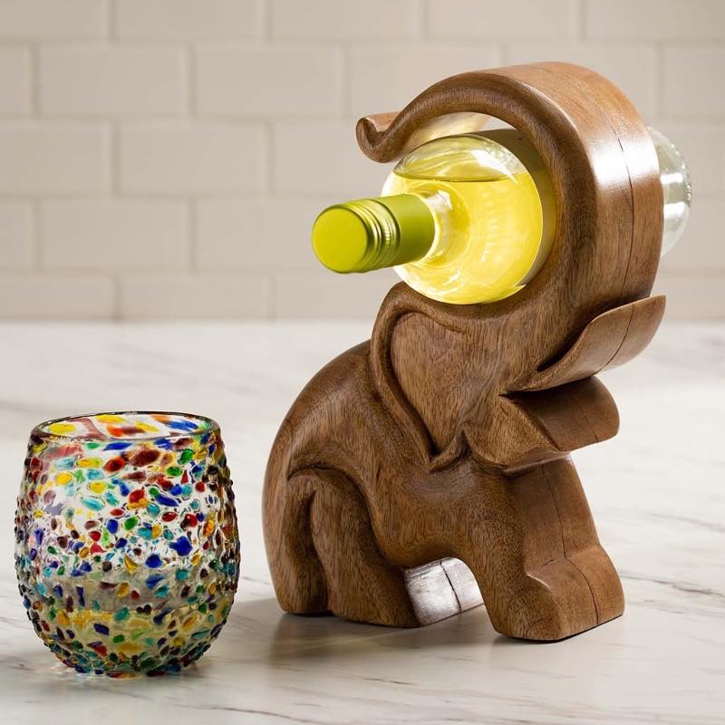 Hand-Carved Wooden Elephant Wine Bottle Display