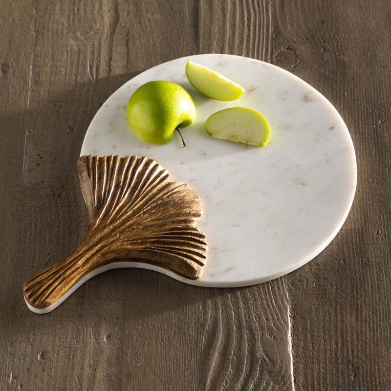 Ginkgo Leaf Marble and Wood Serving Tray