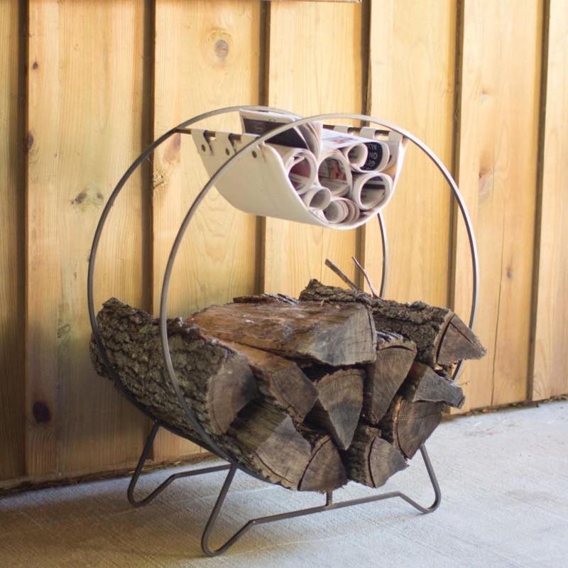 Round Log Holder with Canvas Kindling Sling