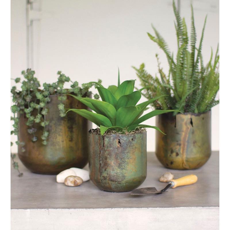 Rustic Verdigris Iron Planters, Set of 3