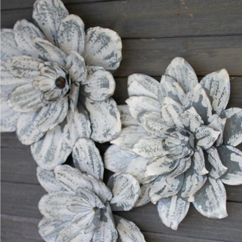 Whitewashed Metal Wall Flowers, Set of 3