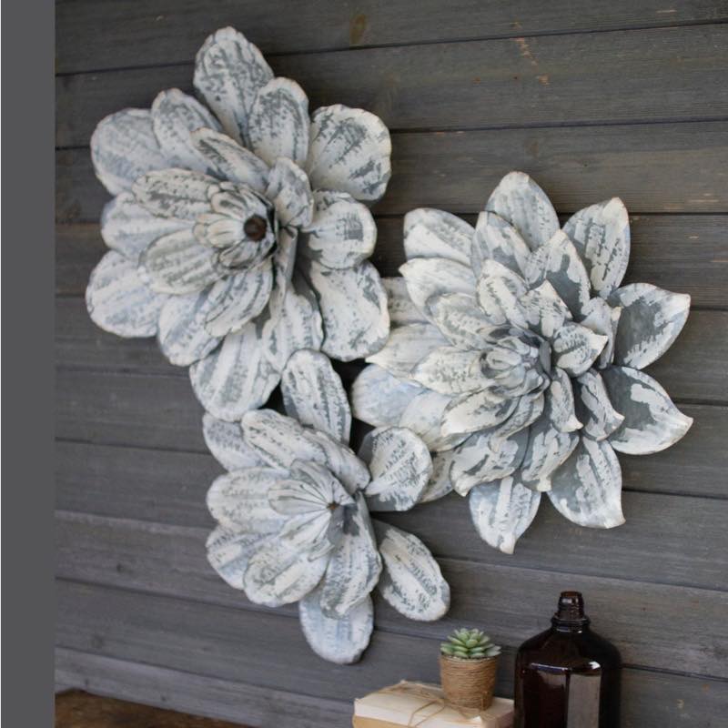 Whitewashed Metal Wall Flowers, Set of 3