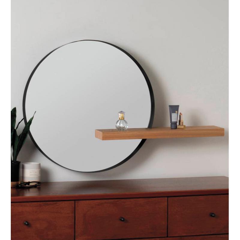 Black Metal Wall Mirror With Wood Shelf