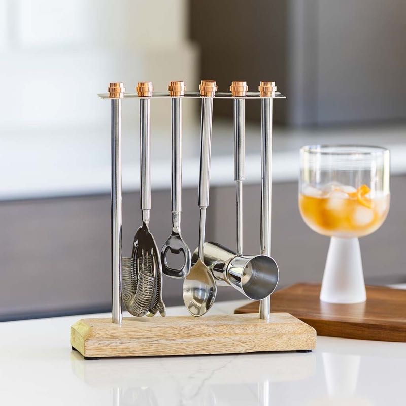 Wood and Stainless Steel Bar Set with Stand