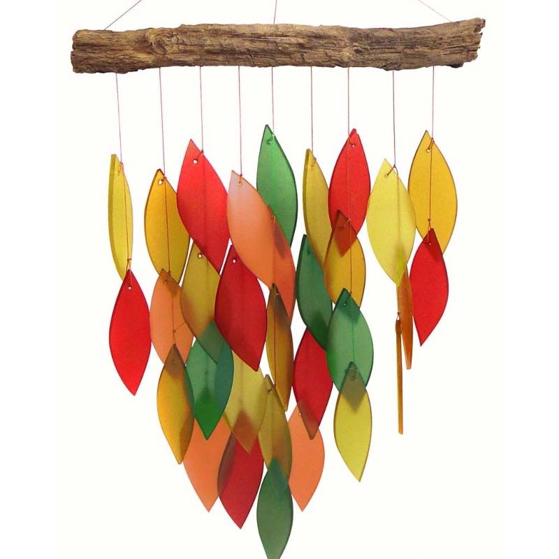 Sunset Colors Glass Leaves Wind Chime on Driftwood Stick