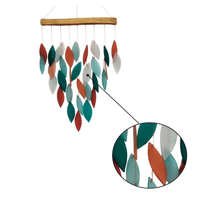 Teal Glass Leaves Wind Chime on Driftwood Chime