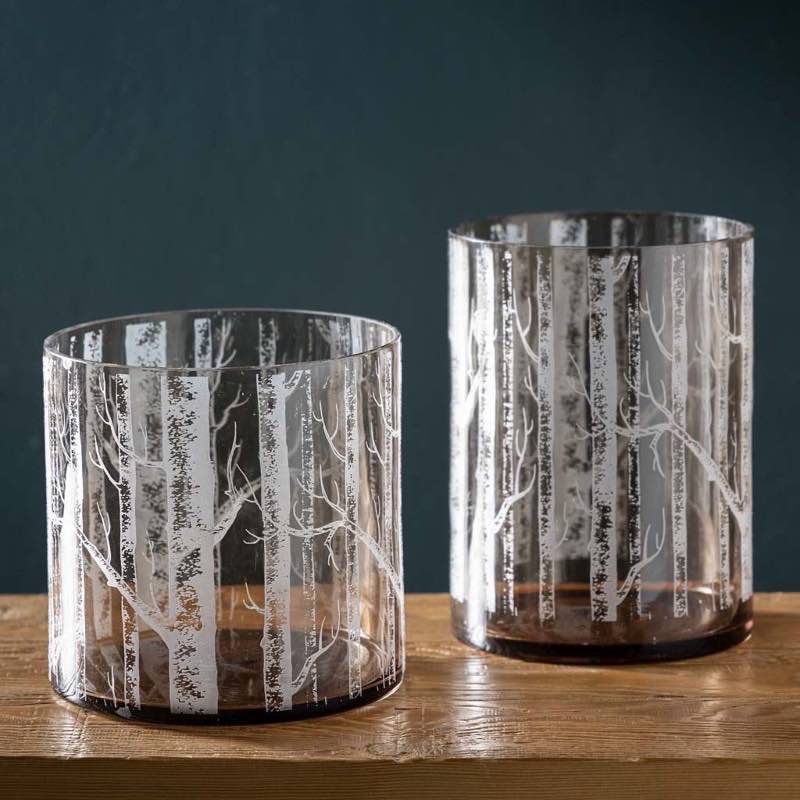 Birch Branch Etched Glass Hurricane, Medium