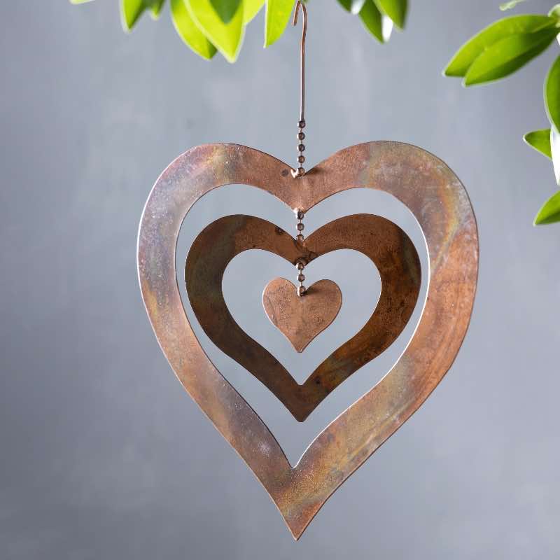 Hanging Flamed Copper Finish Triple Spinning Heart, Large