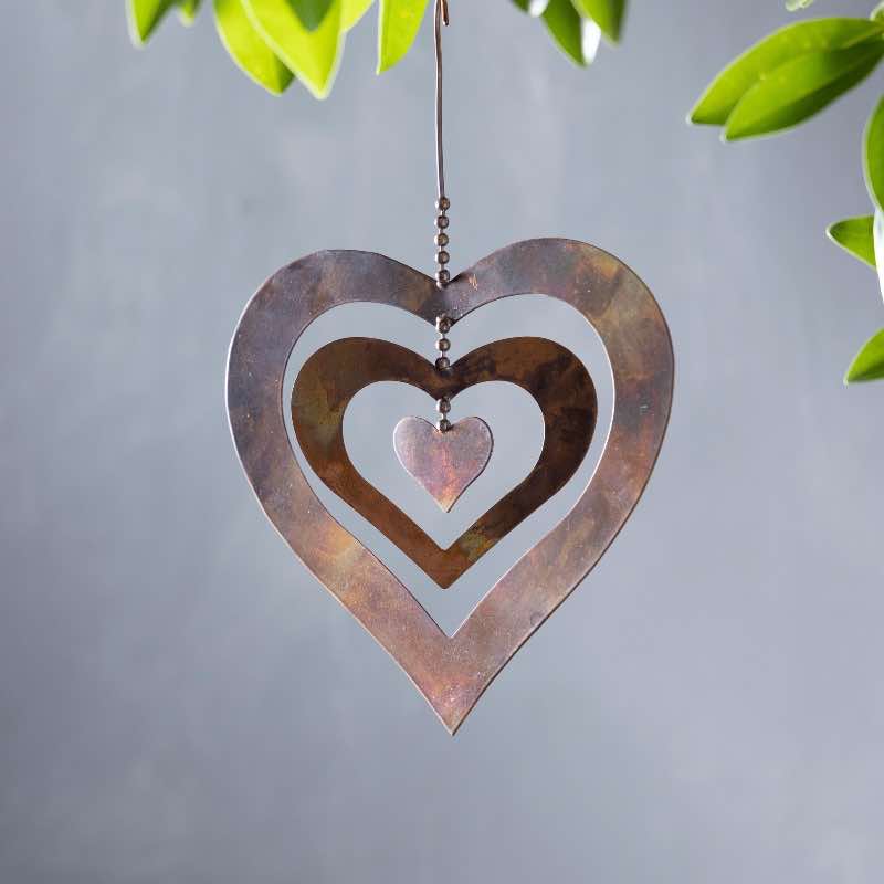 Hanging Flamed Copper Finish Triple Spinning Heart, Small