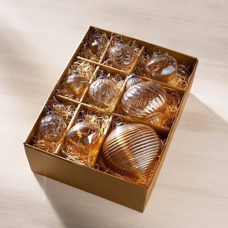 Hand-Blown Gold Glass Ornament Box, Set of 9