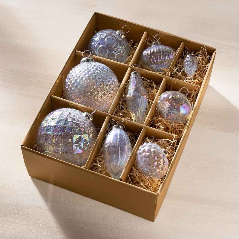 Hand-Blown Luster Glass Ornament Box, Set of 9