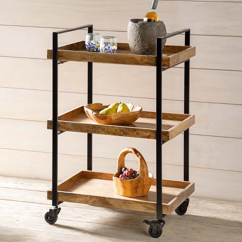 Mango Wood 3-Tier Rolling Storage Cart