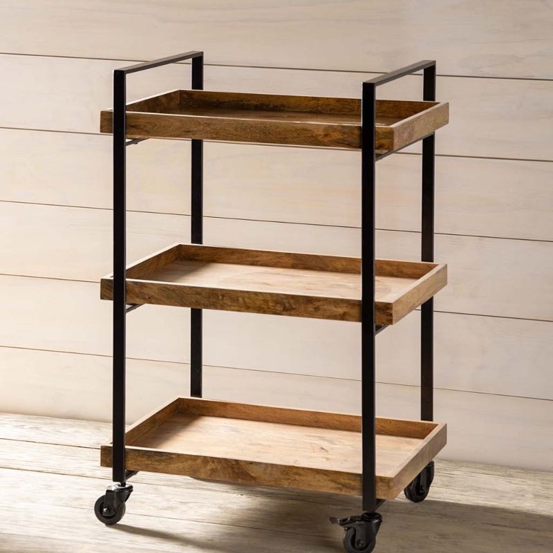 Mango Wood 3-Tier Rolling Storage Cart