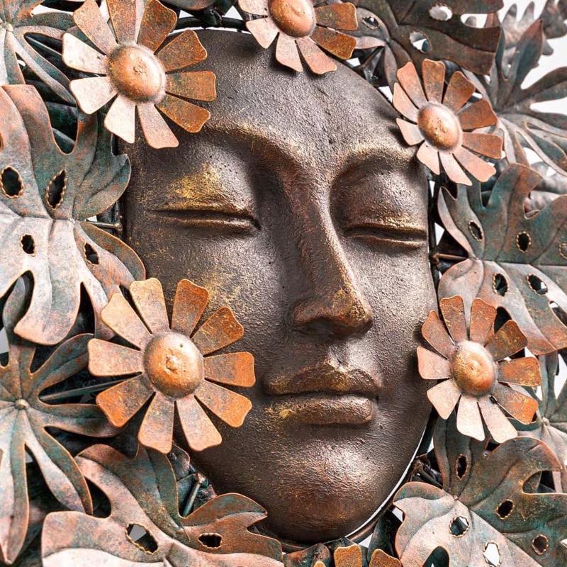 Handcrafted Forest Woman Face Surrounded by Metal Leaves and Flowers Wall Art