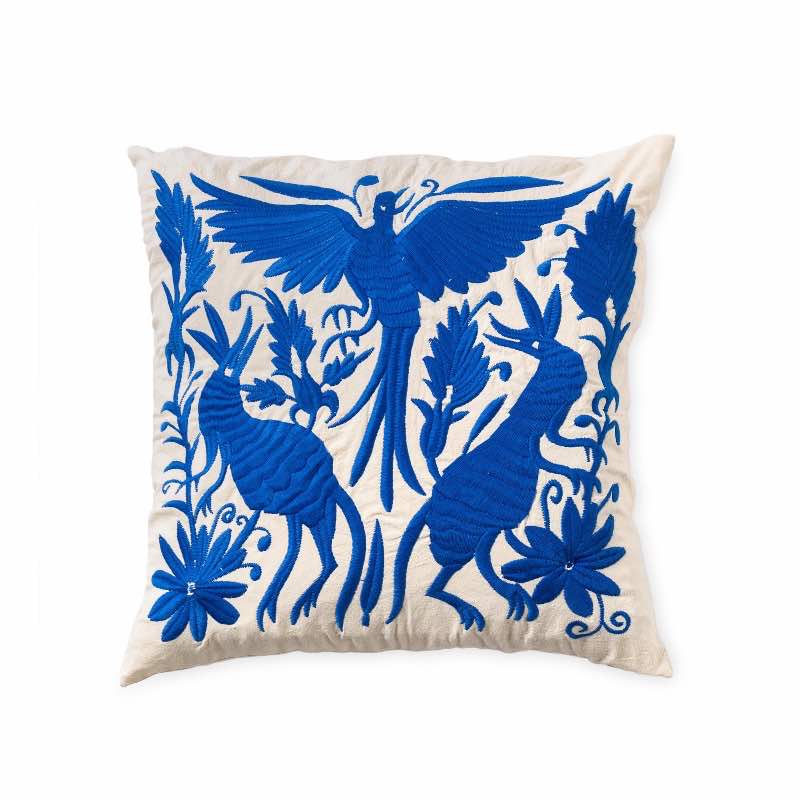 Otomi Mexican Embroidered Animal Stitched Pillow Cover, Blue Pheonix