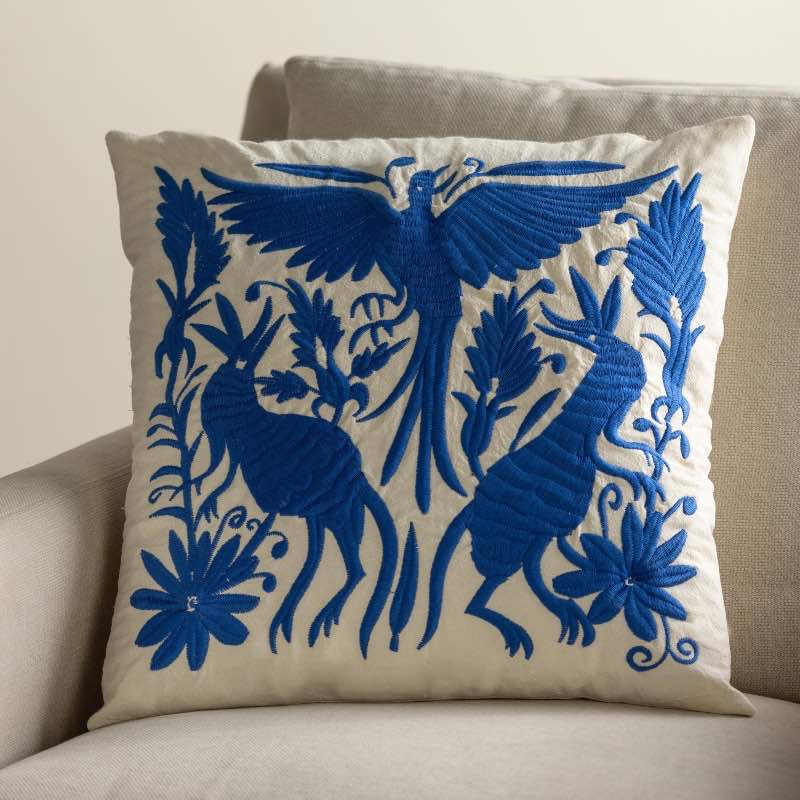 Otomi Mexican Embroidered Animal Stitched Pillow Cover, Blue Pheonix