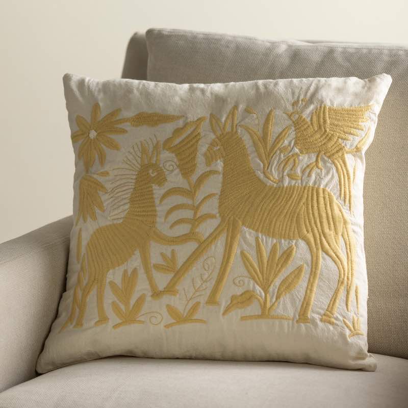 VivaTerra Otomi Mexican Embroidered Animal Stitched Pillow Cover Tan Deer