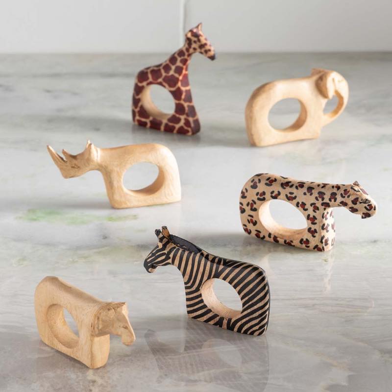 Artisan Carved Safari Animal Napkin Rings, Set of 6