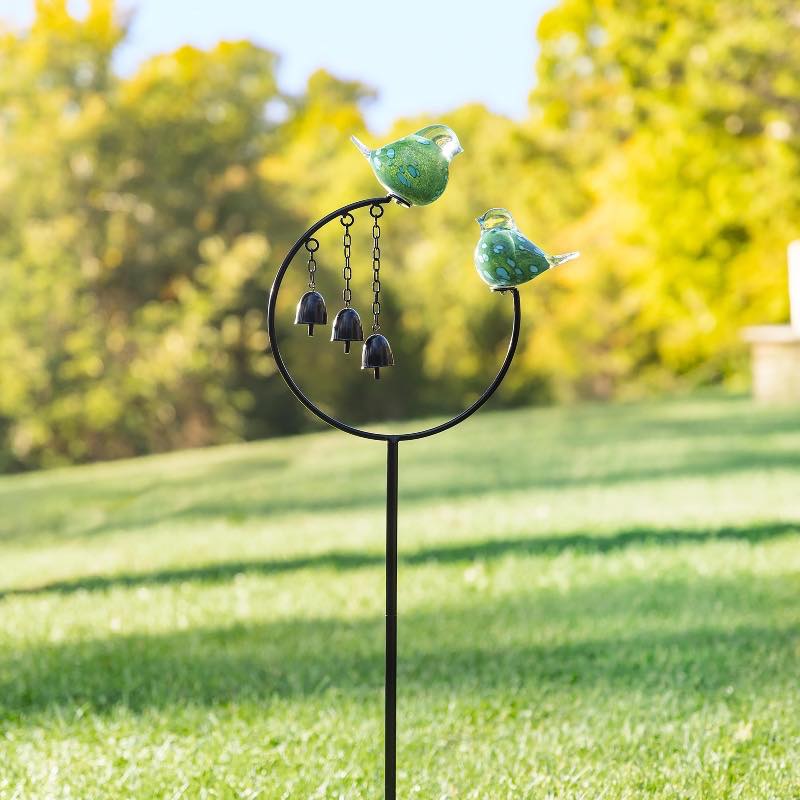 Blown-Glass Birds and Bells Garden Stake