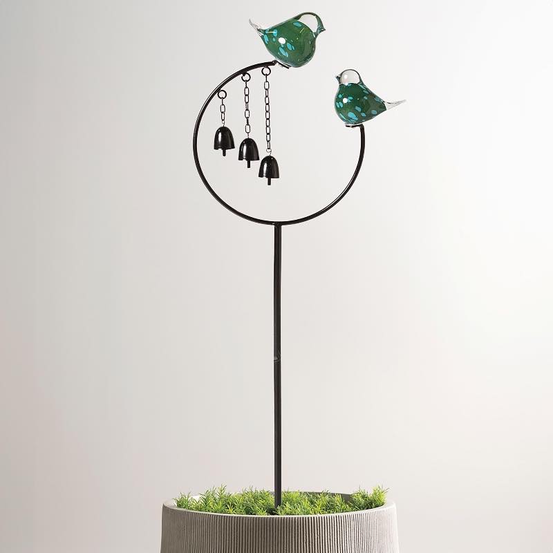 Blown-Glass Birds and Bells Garden Stake