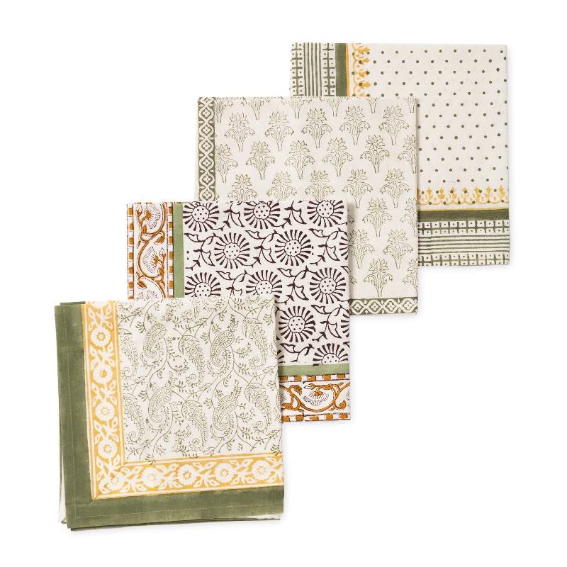 Hand-Block Printed Green Napkins, Set of 4