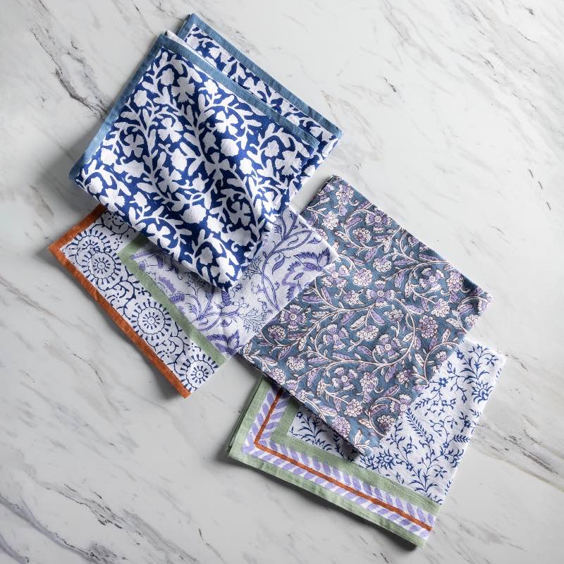 Hand-Block Printed Blue Napkins, Set of 4