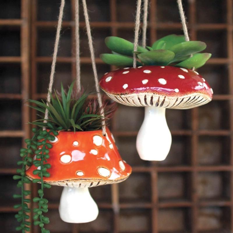 Hanging Toadstool Ceramic Planters, Set of 2