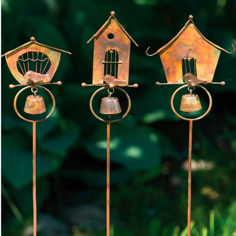 Copper-Flamed Bird House Garden Stakes, Set of 3