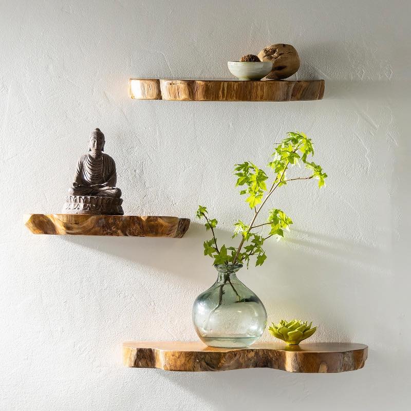 Live Edge Teak Floating Shelves, Set of 3