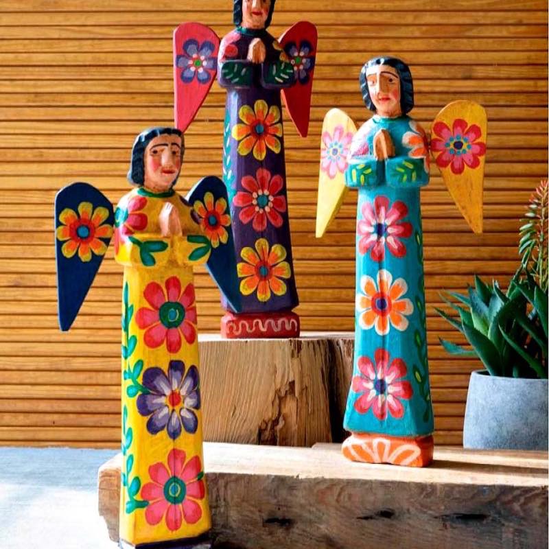 Colorful Painted Wooden Angels, Set of 3