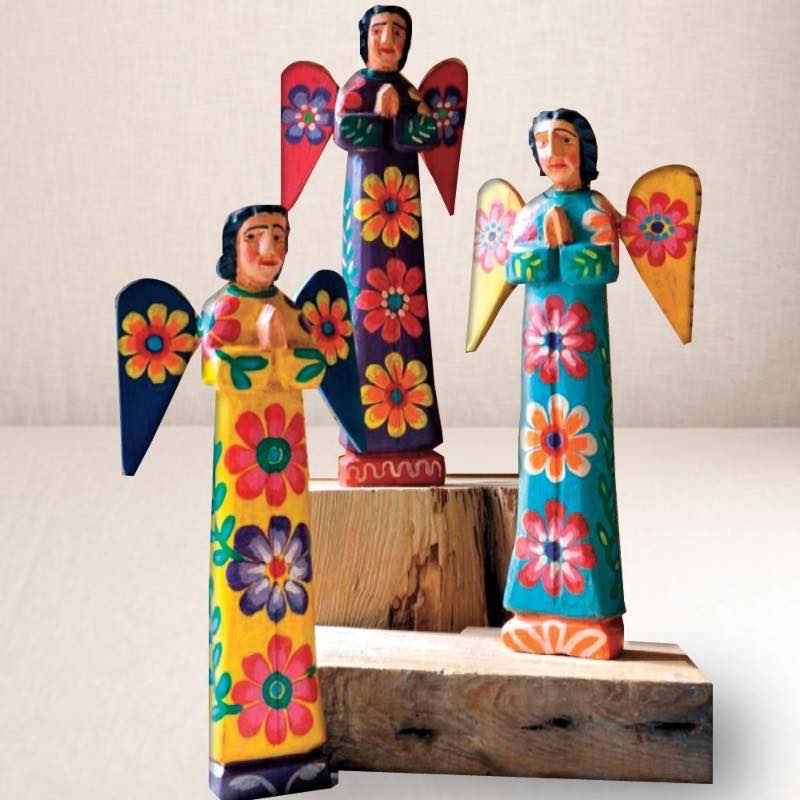 Colorful Painted Wooden Angels, Set of 3