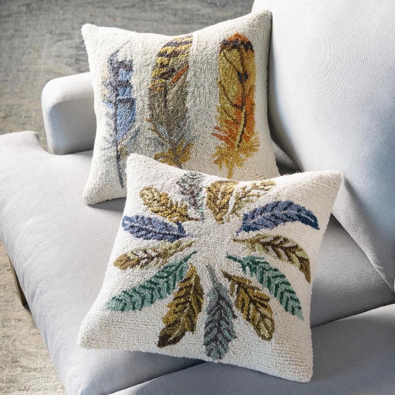 Hand-Hooked Wool Feather-Inspired Pillow