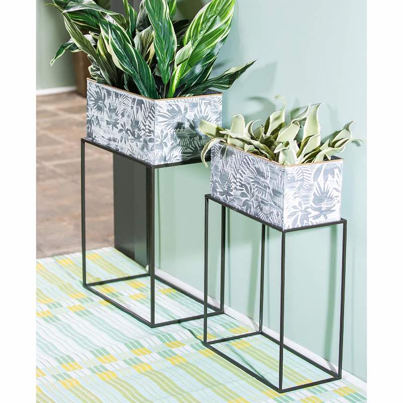 Metallic Embossed Floral Planters, Set of 2