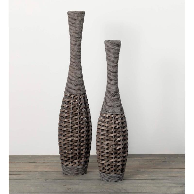 Two-Toned Gray Woven Rattan Vases, Set of 2