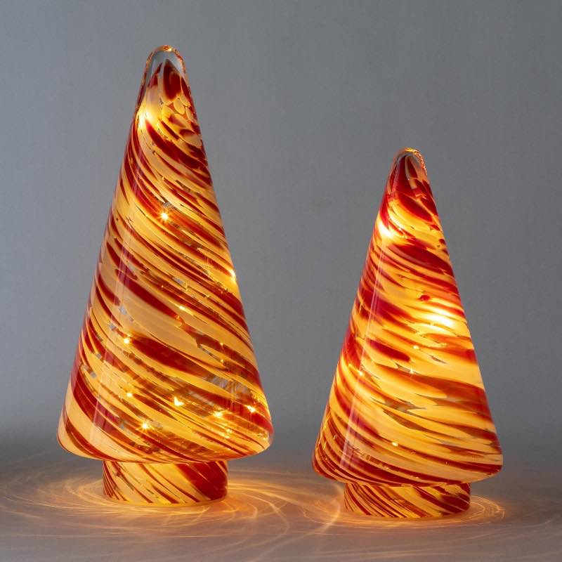 LED Red/White Swirl Glass Trees, Set of 2