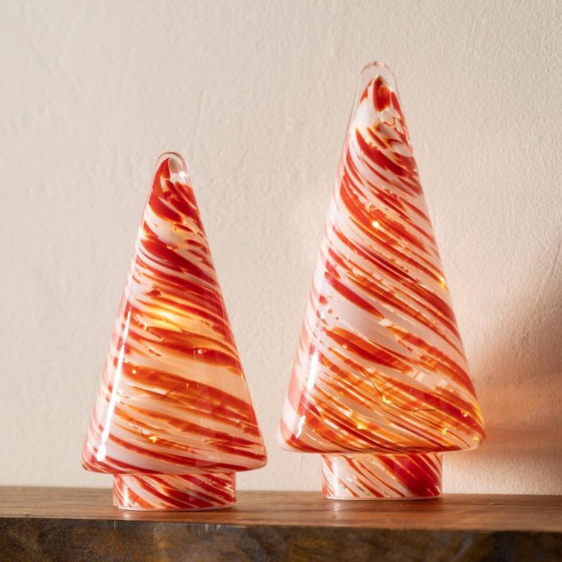 LED Red/White Swirl Glass Trees, Set of 2