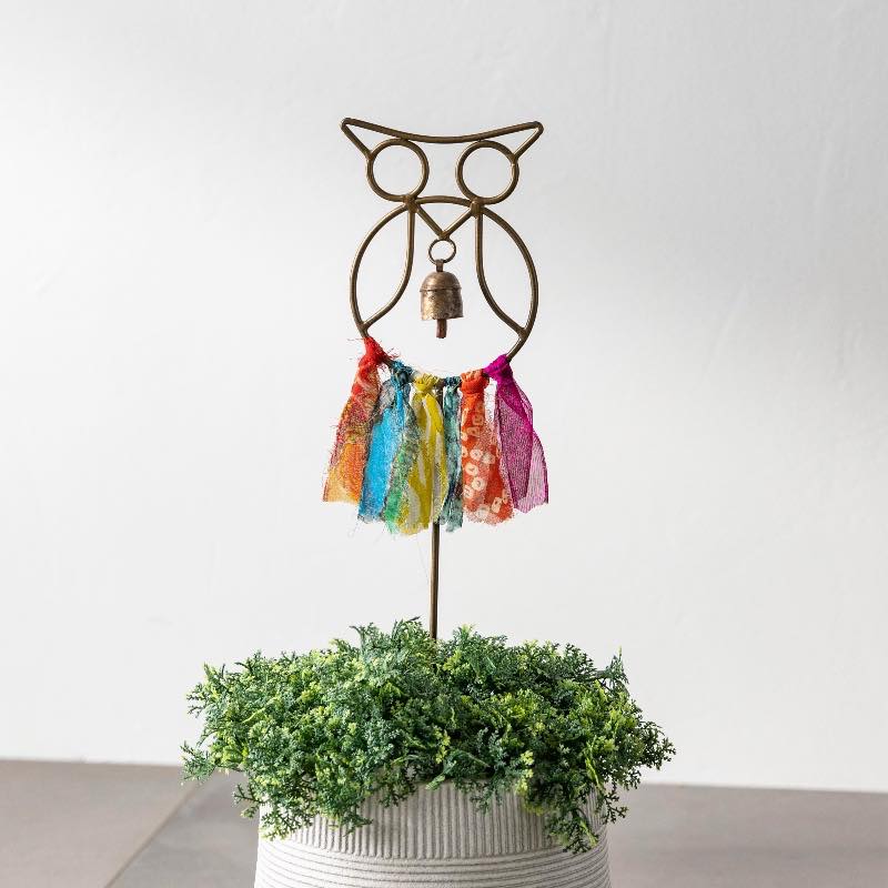 Swapna Owl Bell Garden Stake With Upcycled Sari