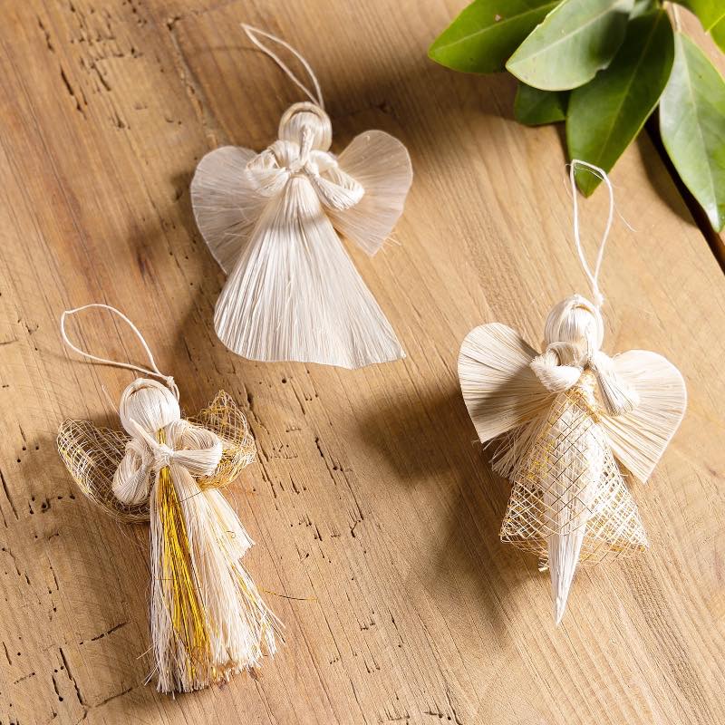 Woven Abaca Angel Ornaments, Set of 3