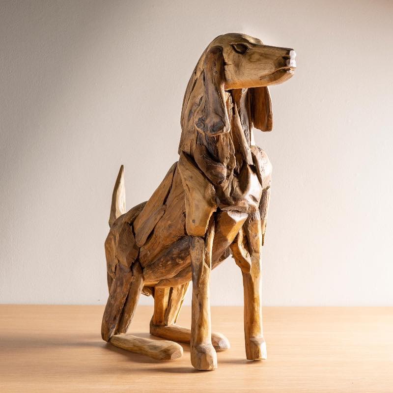 Indoor/ Outdoor Teak Sitting Dog Sculpture