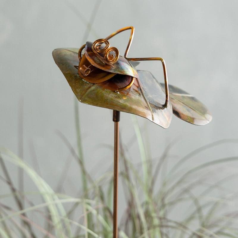 Handcrafted Copper Frog on Lily Pad Garden Stake