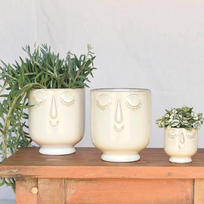 Ceramic Cream-Colored Serene Face Cachepots, Set of 2