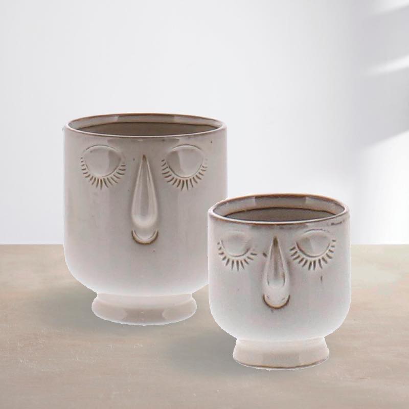 Ceramic Cream-Colored Serene Face Cachepots, Set of 2