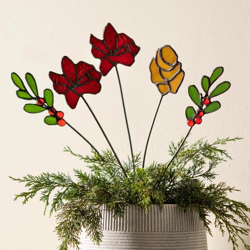 Stained Glass Holiday Floral Bouquet, Set of 5