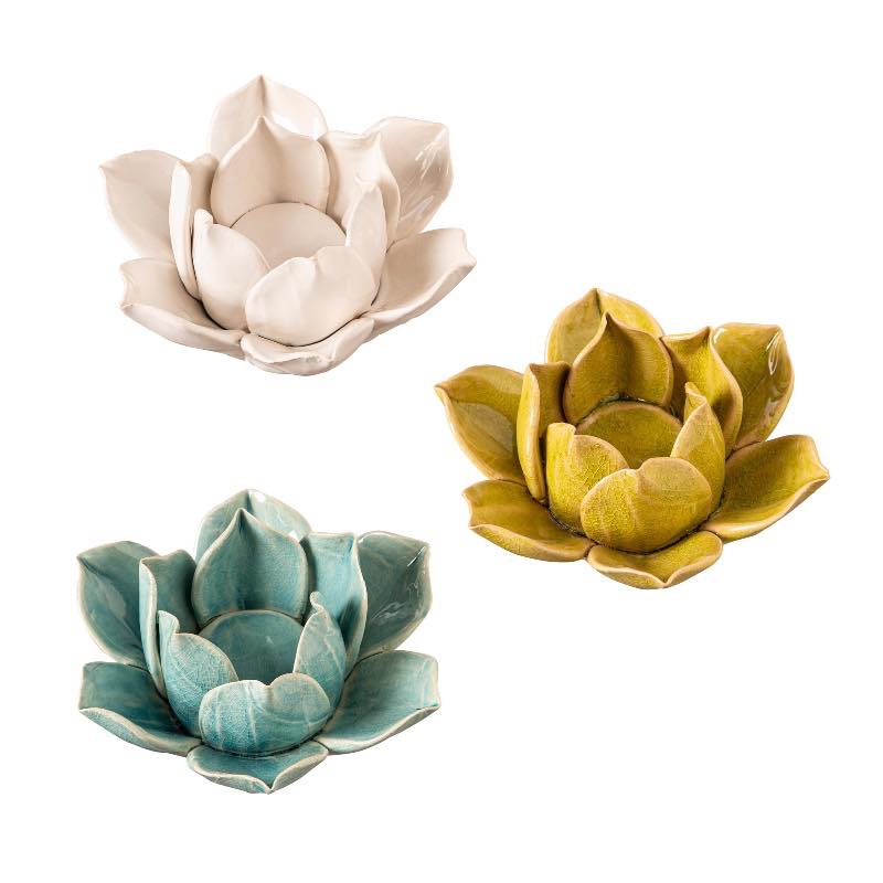 Ceramic Lotus Candleholders with Tealights and Matches, Set of 3