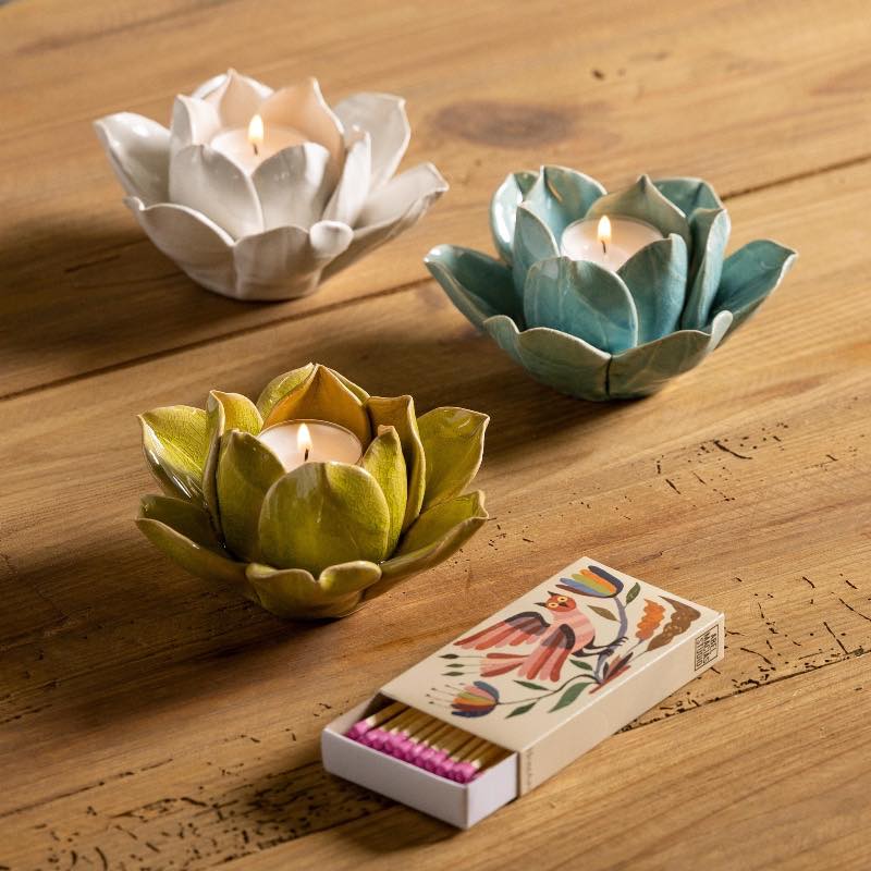 Ceramic Lotus Candleholders with Tealights and Matches, Set of 3