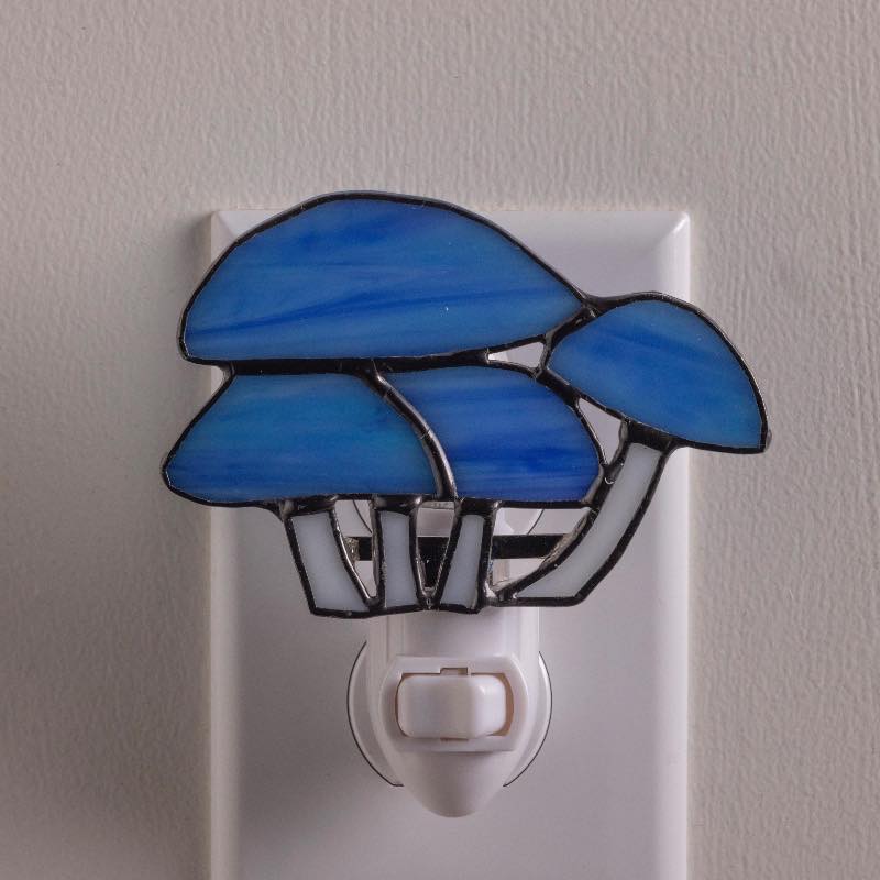 Handcrafted Stained Glass Blue Mushrooms Night Light