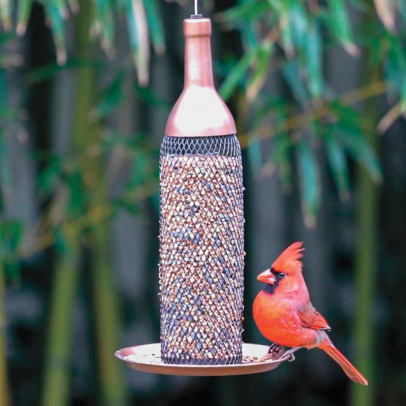 Copper-Finished Mesh Wine Bottle Bird Feeder